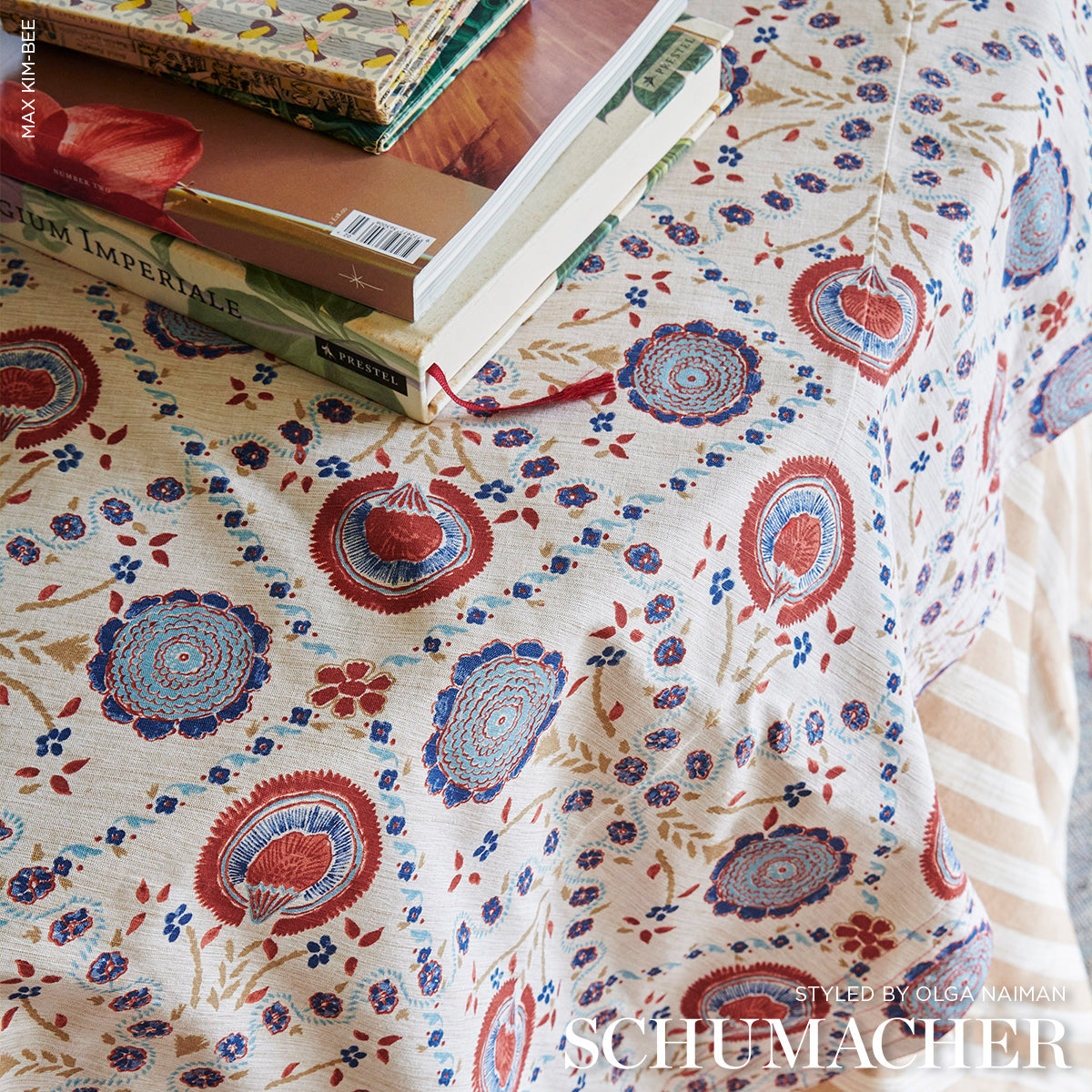 Athena Hand-Screen Print - Red & Blue - Schumacher 183050 Fabric - Schumacher Fabric