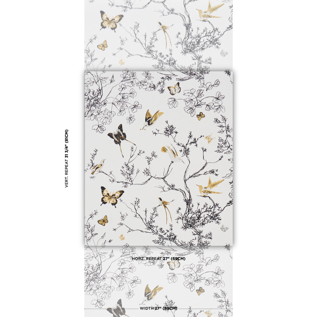 BIRDS-BUTTERFLIES-BLACK-GOLD-SCHUMACHER-2704424 - Schumacher Wallpaper