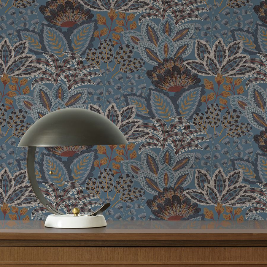 Catherine Blue Botanical Wallpaper - detail room view - York Wallcoverings 4228-84111 - York Wallcoverings Wallpaper