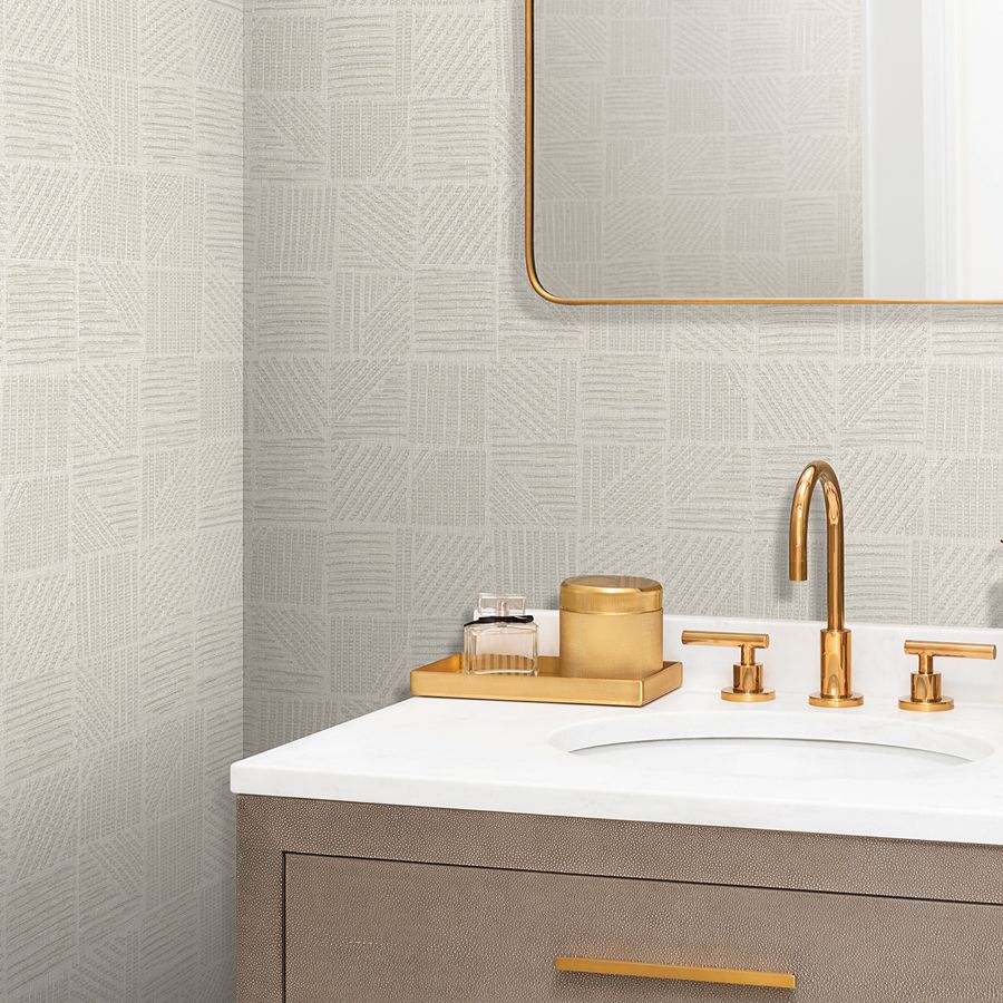 Chiseled Patchwork Beige Faux Fabric Wallpaper - room view - York Wallcoverings 4228-84153 - York Wallcoverings Wallpaper