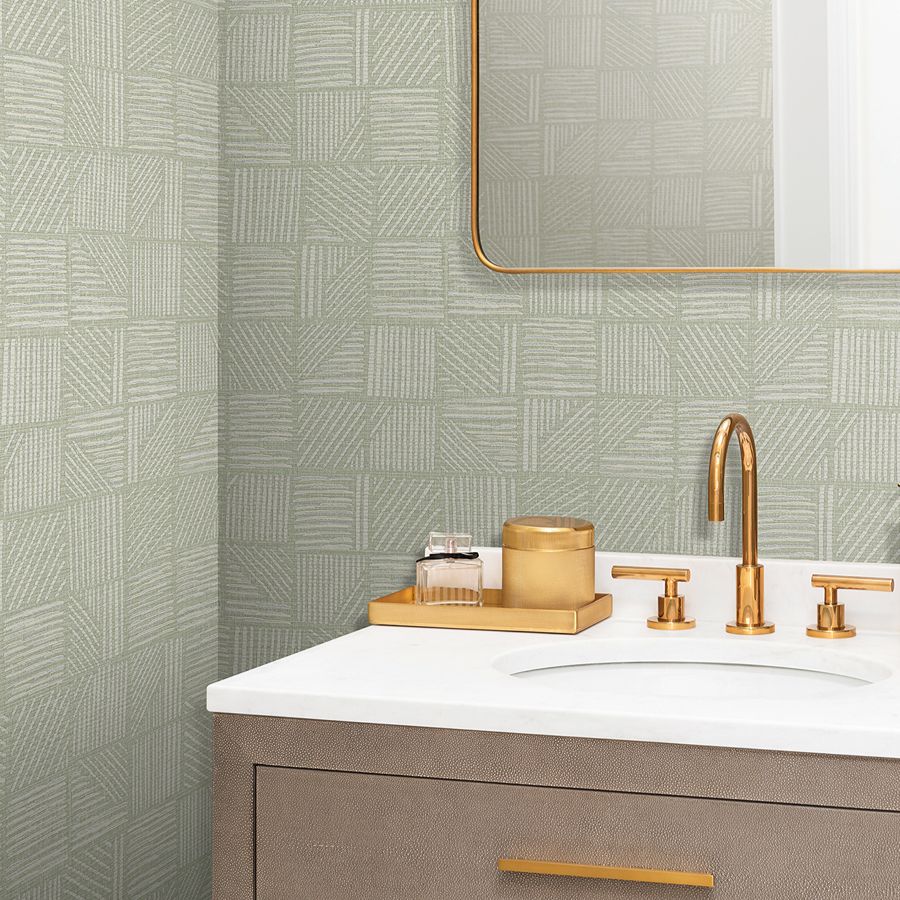Chiseled Patchwork Sage Faux Fabric Wallpaper - room view - York Wallcoverings 4228-84157 - York Wallcoverings Wallpaper