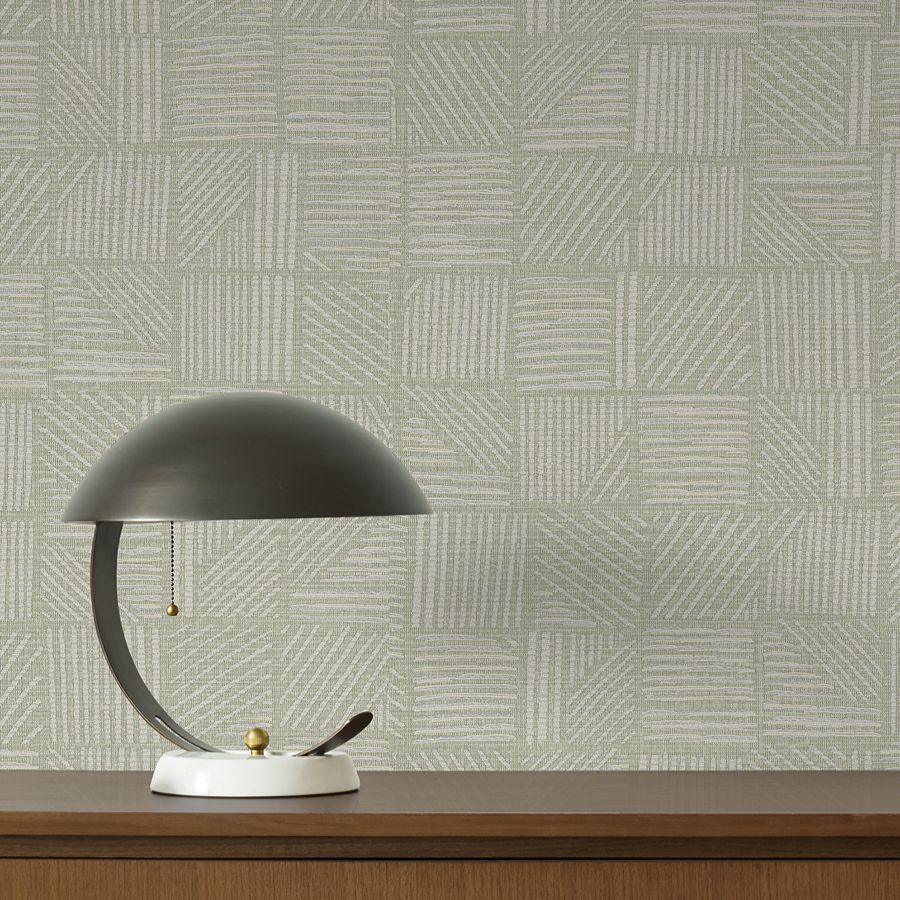Chiseled Patchwork Sage Faux Fabric Wallpaper - detail room view - York Wallcoverings 4228-84157 - York Wallcoverings Wallpaper
