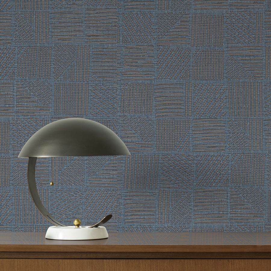 Chiseled Patchwork Sapphire Faux Fabric Wallpaper - detail room view - York Wallcoverings 4228-84161 - York Wallcoverings Wallpaper