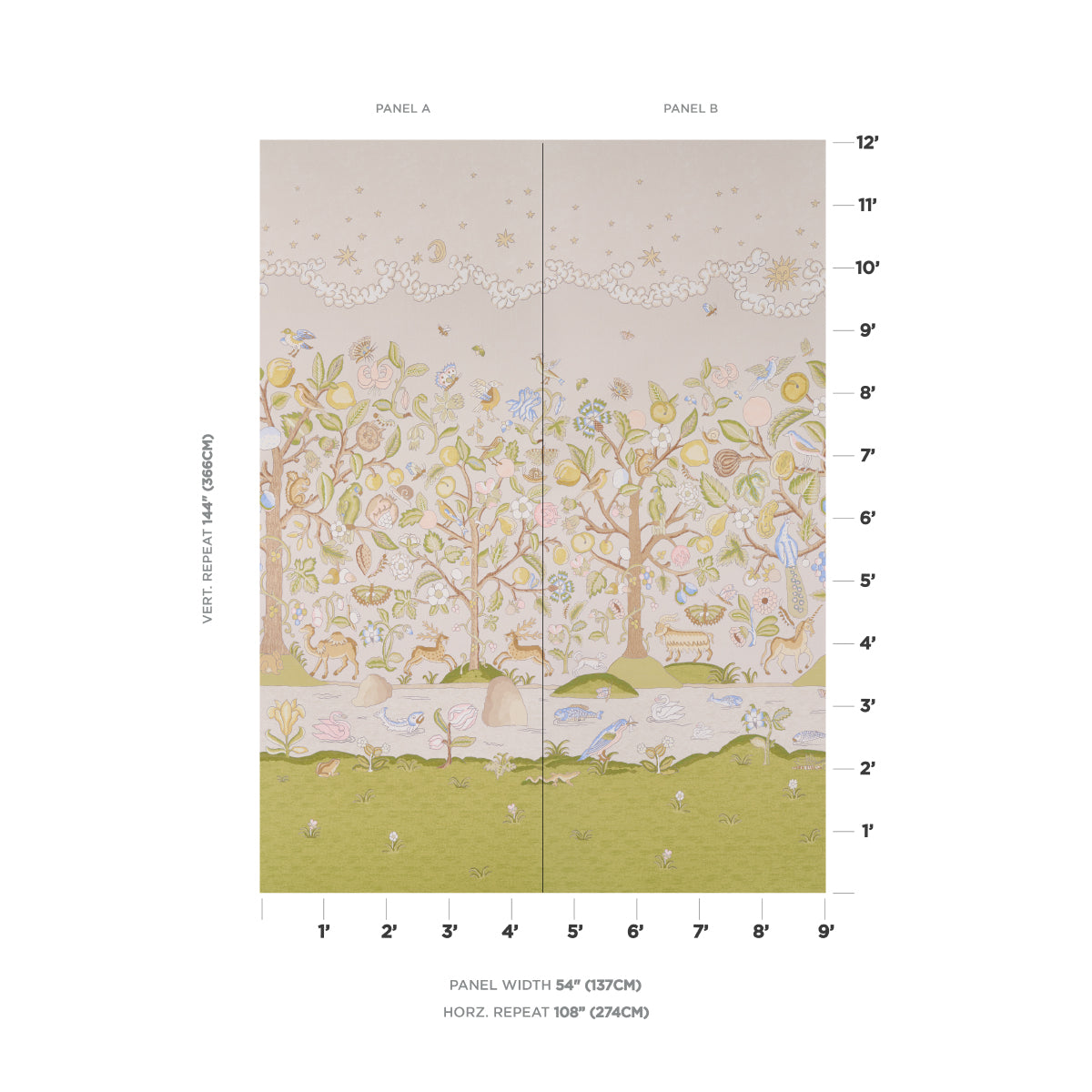 Chaucer's Forest Panel Set Alabaster wallpaper by Schumacher, 5013291 — view 2 - Schumacher Wallpaper