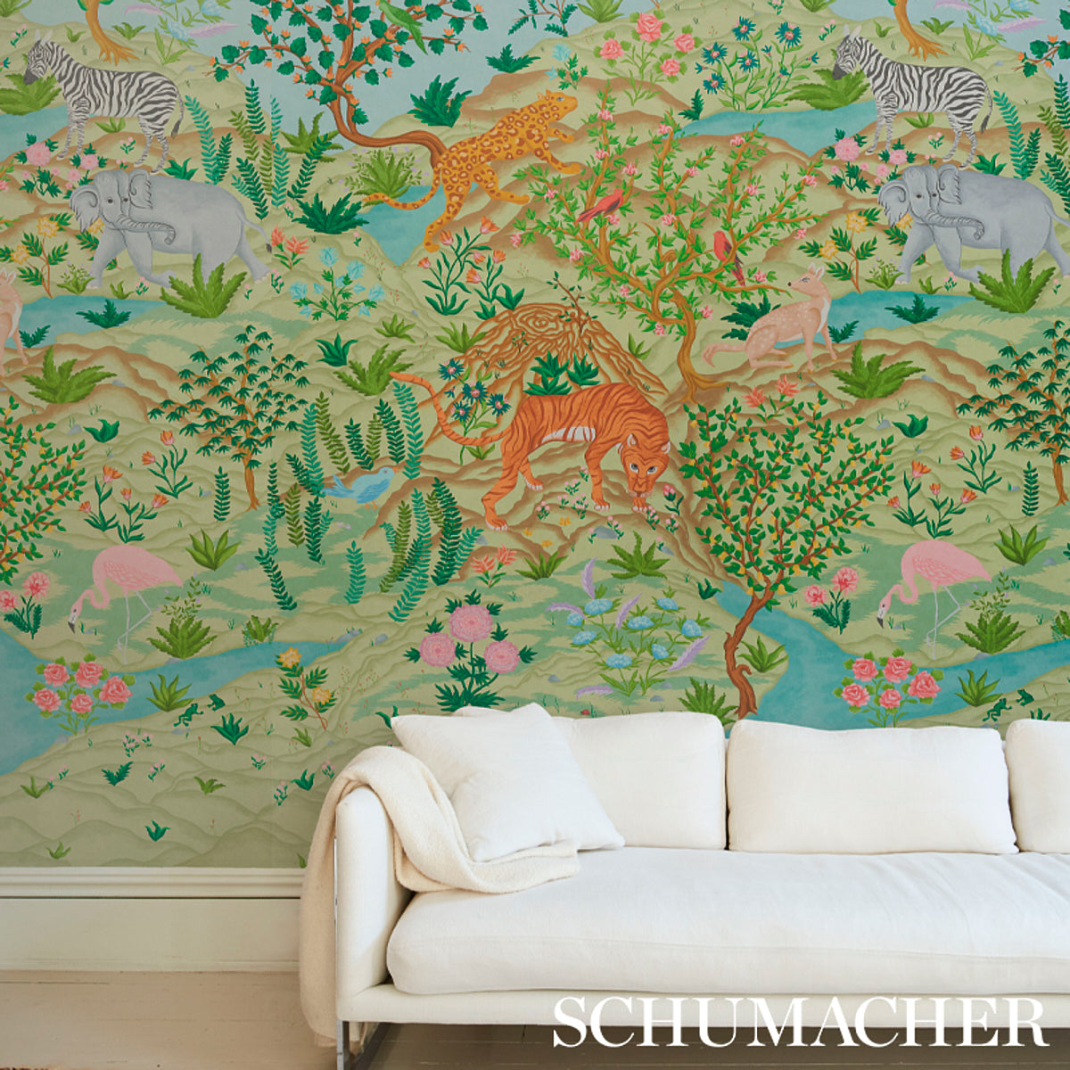 Finches Jungle Panel Set Verdant wallpaper by Schumacher, 5013311 — view 6 - Schumacher Wallpaper