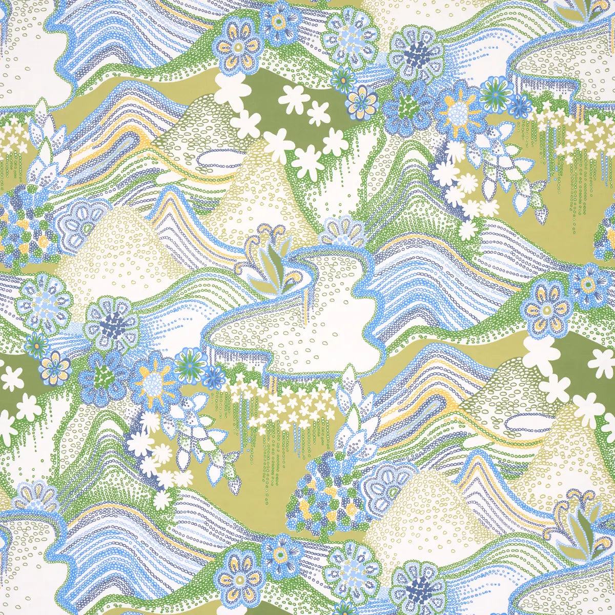 Daisy Chain - Green And Blue - Schumacher 5013552 Wallcovering - Schumacher Wallpaper