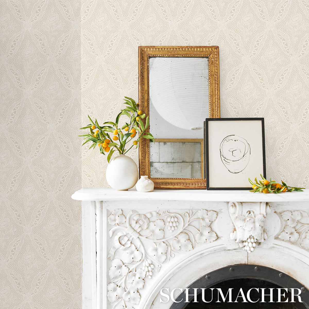 Cosette Lace Sand wallpaper by Schumacher, 5014721 — view 5 - Schumacher Wallpaper
