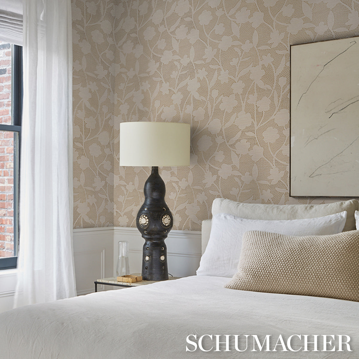 Kantha Embroidered Flower Sisal - Neutral - Schumacher 5015181 Wallpaper - Schumacher Wallpaper