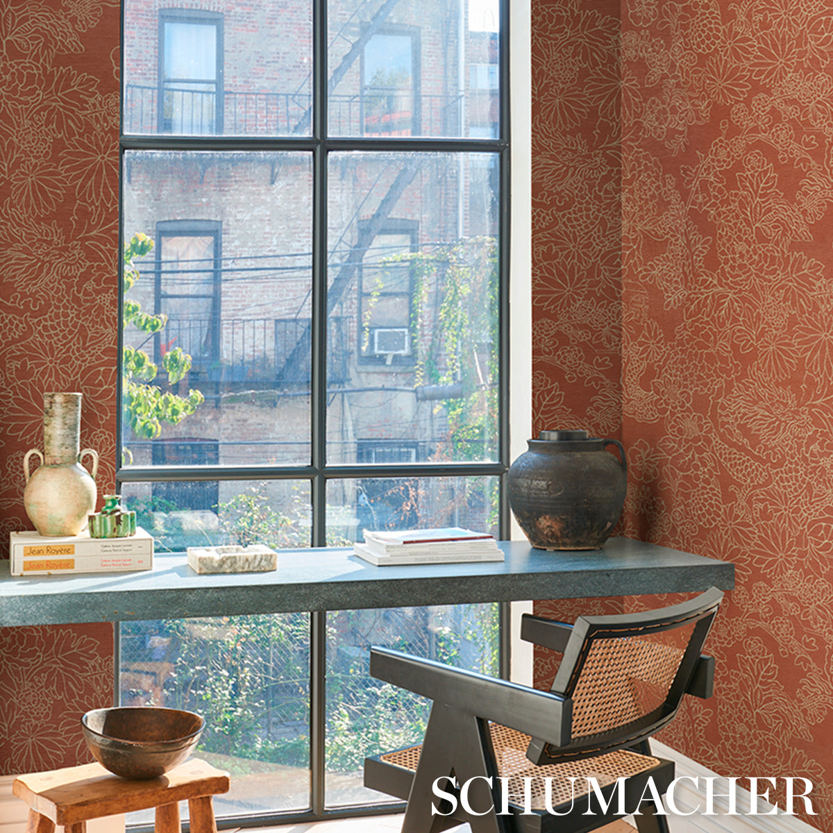CHIANG-MAI-DRAGON-SILHOUETTE-RAFFIA-TERRACOTTA-SCHUMACHER-5017620 - Schumacher Wallpaper