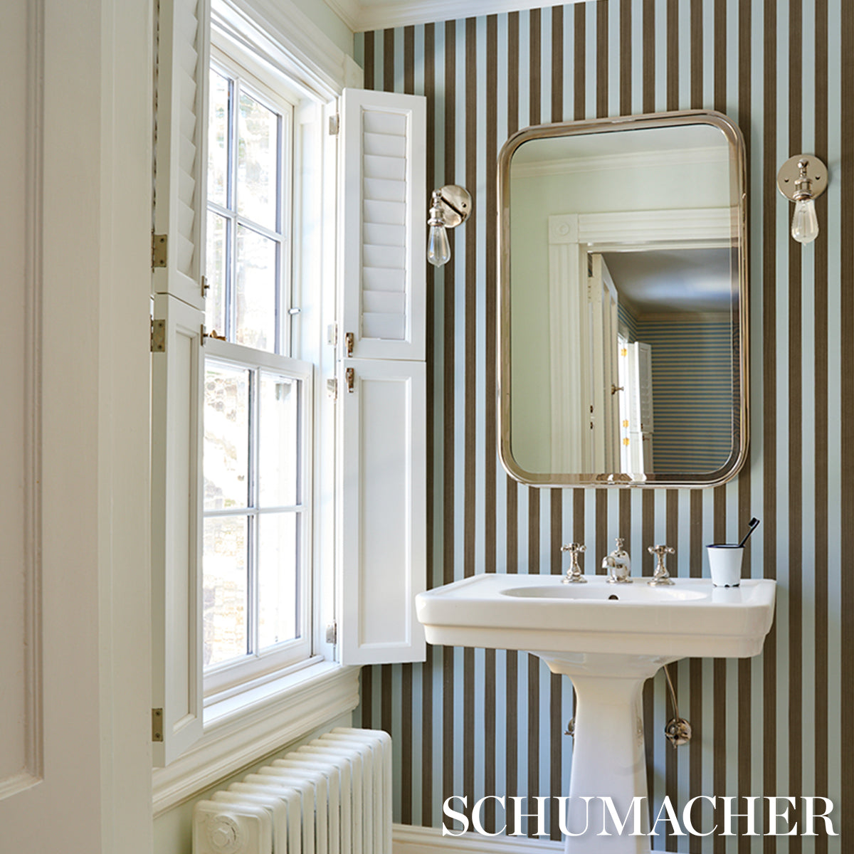 EDWIN-STRIPE-MEDIUM-BROWN-SKY-SCHUMACHER-5017642 - Schumacher Wallpaper