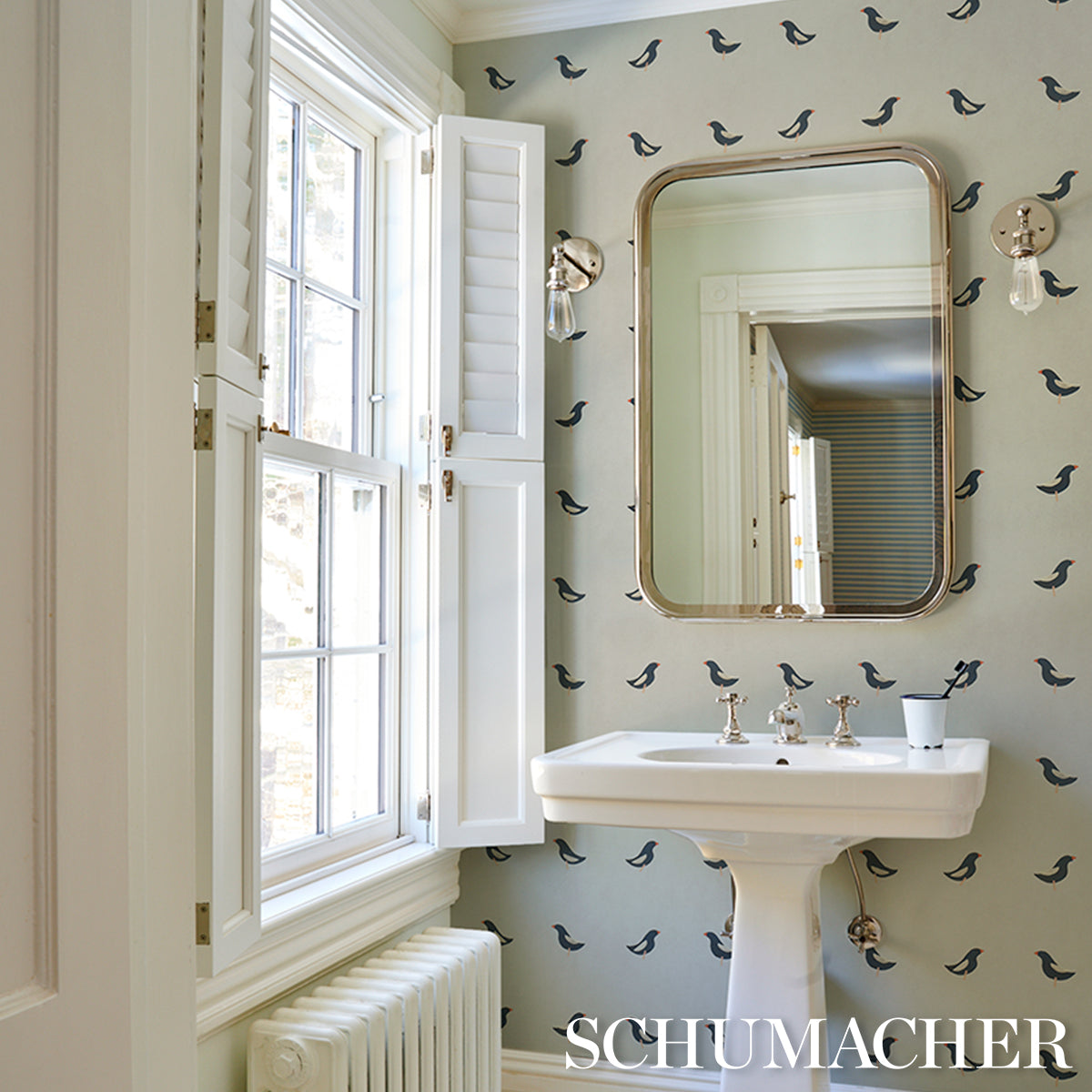 Birds Print - Black On Natural - Schumacher 5017890 Wallpaper - Schumacher Wallpaper