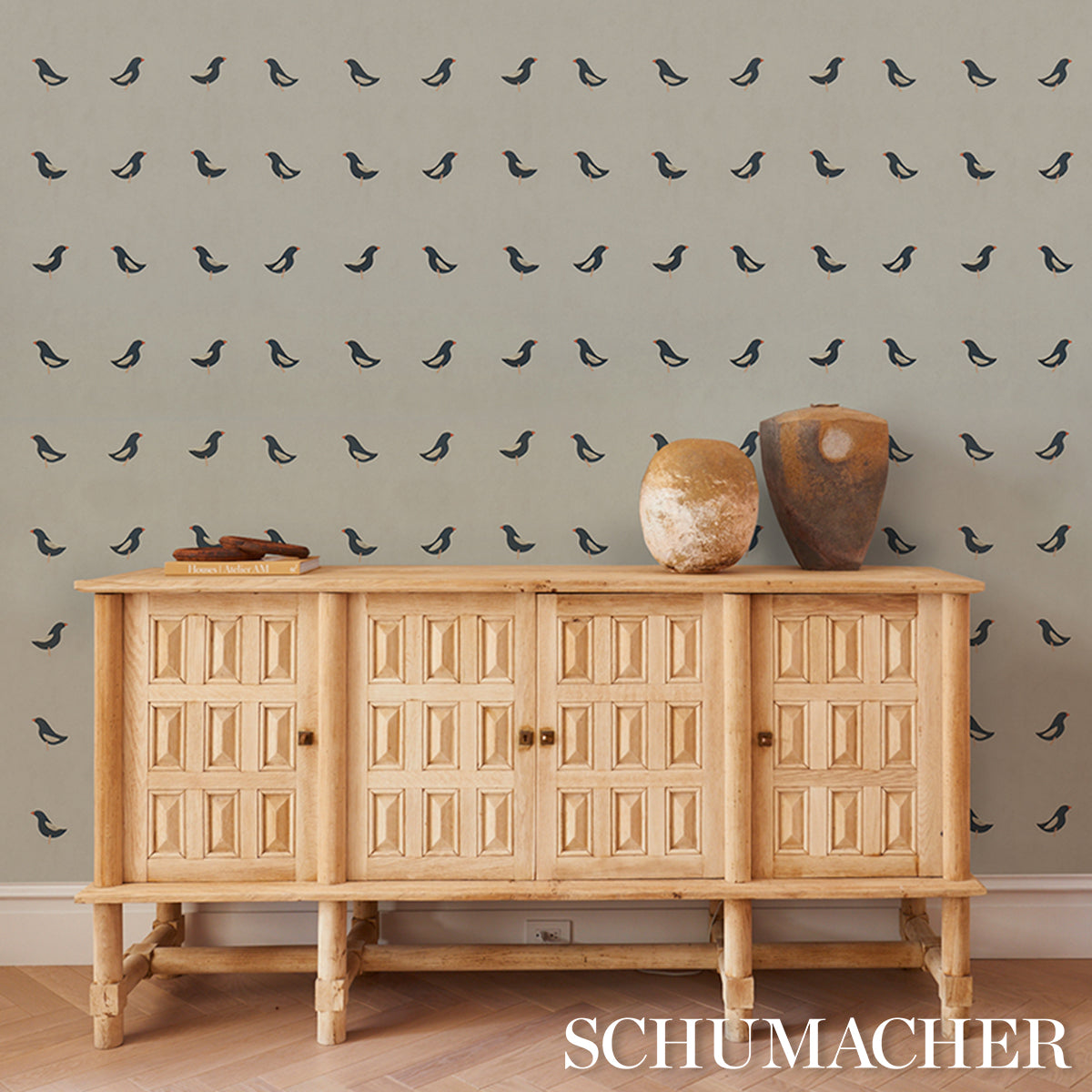 Birds Print - Black On Natural - Schumacher 5017890 Wallpaper - Schumacher Wallpaper