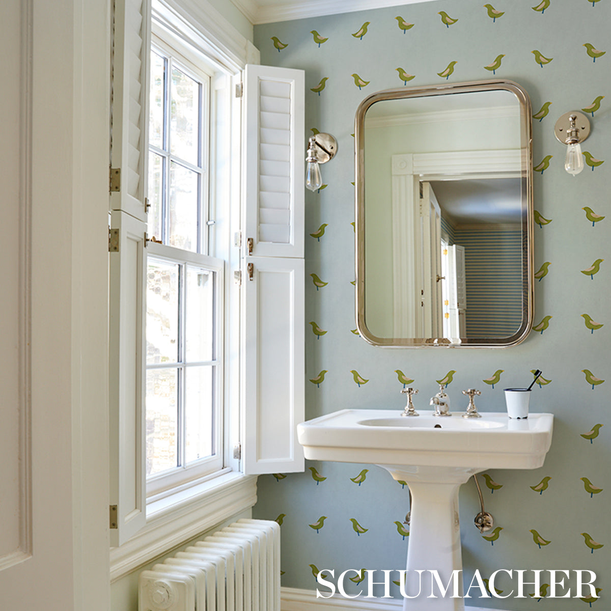 Birds Print - Green On Sky - Schumacher 5017891 Wallpaper - Schumacher Wallpaper