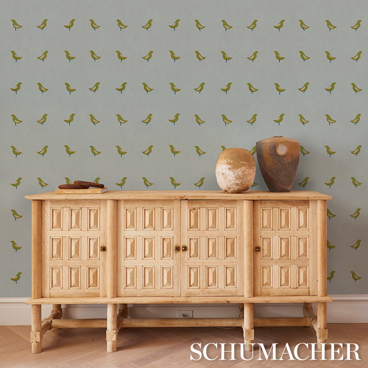 Birds Print - Green On Sky - Schumacher 5017891 Wallpaper - Schumacher Wallpaper