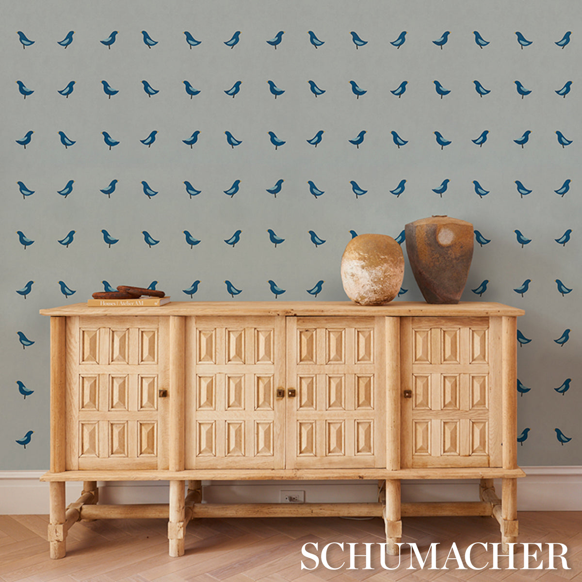 Birds Print - Navy On Sky - Schumacher 5017892 Wallpaper - Schumacher Wallpaper