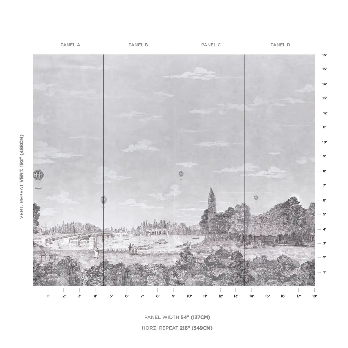 Promenade 4 Panel Set - Grisaille - Schumacher 5018121 Wallcovering