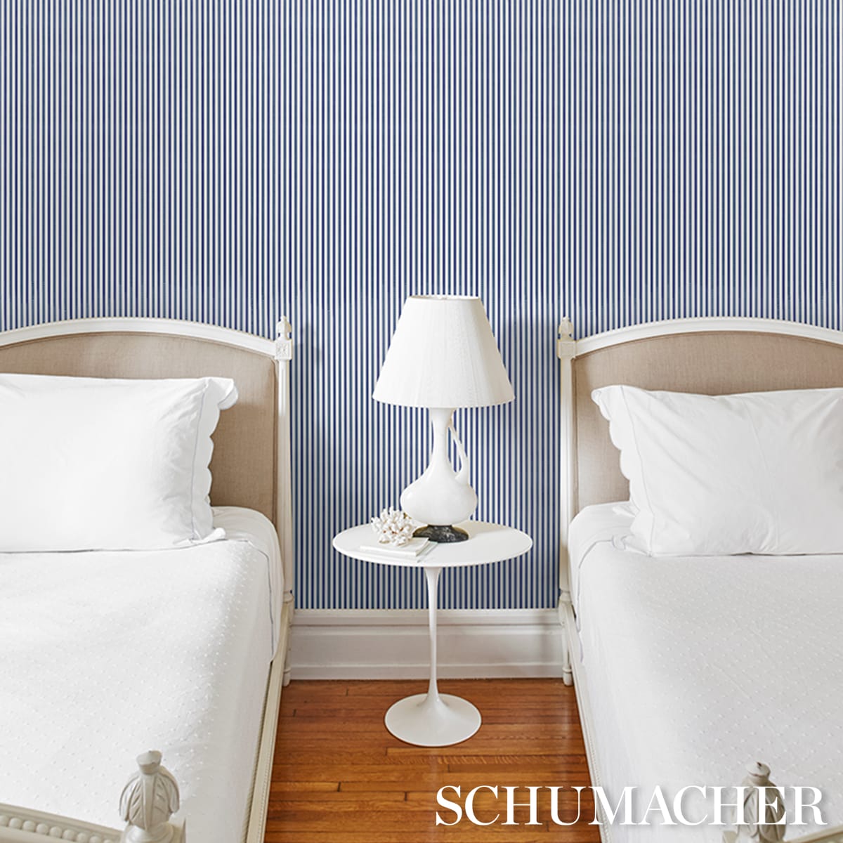 MATHIS-TICKING-STRIPE-INDIGO-SCHUMACHER-5018202 - Schumacher Wallpaper