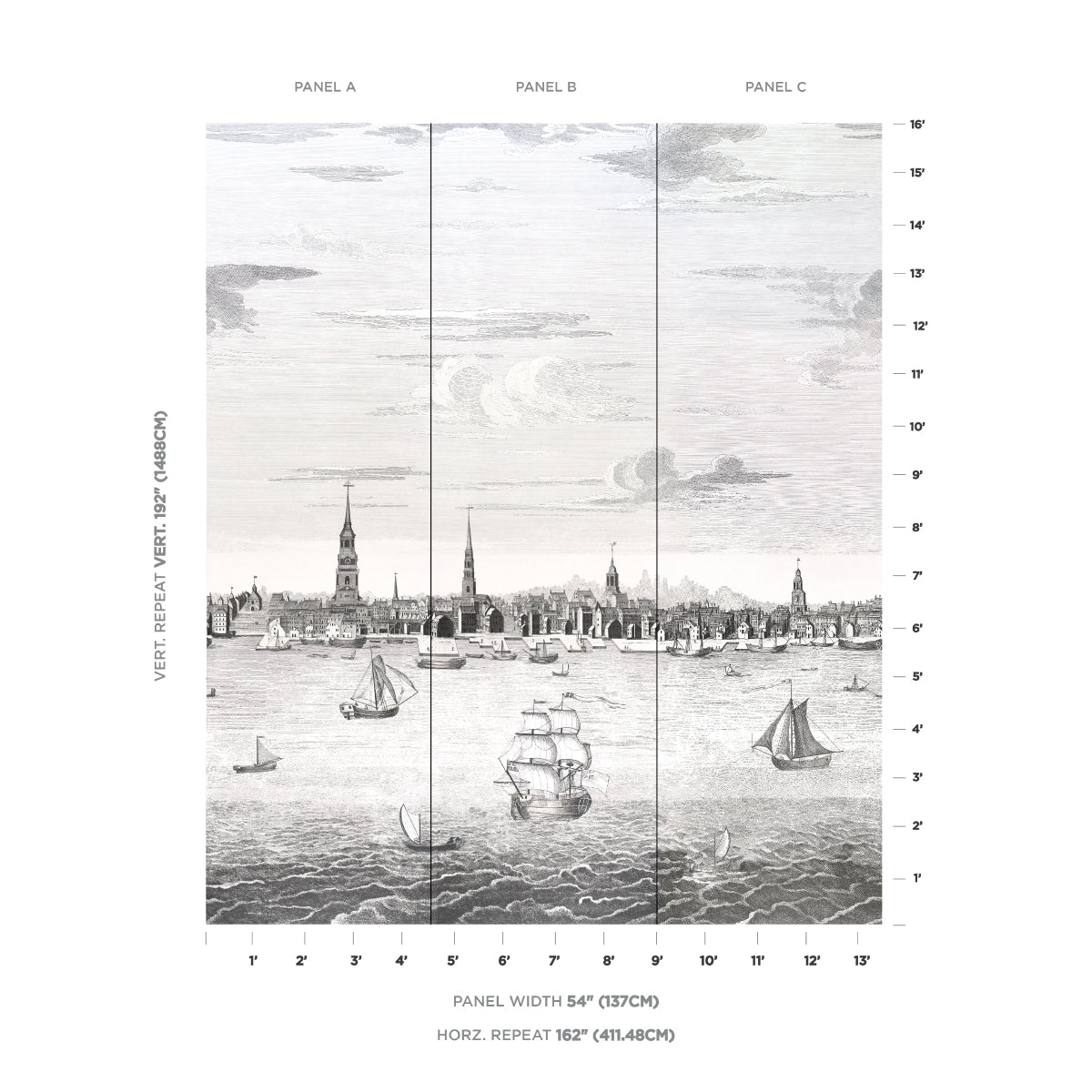 Philadelphia Harbor 3 Panel Set - Black - Schumacher 5018390 Wallpaper - Schumacher Wallpaper