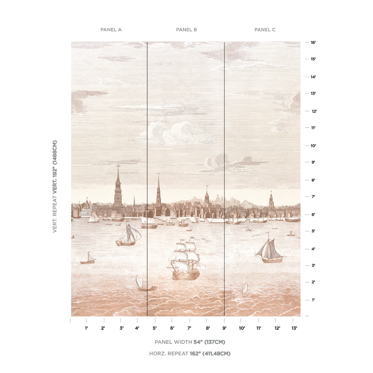 Philadelphia Harbor 3 Panel Set - Sepia - Schumacher 5018391 Wallpaper - Schumacher Wallpaper