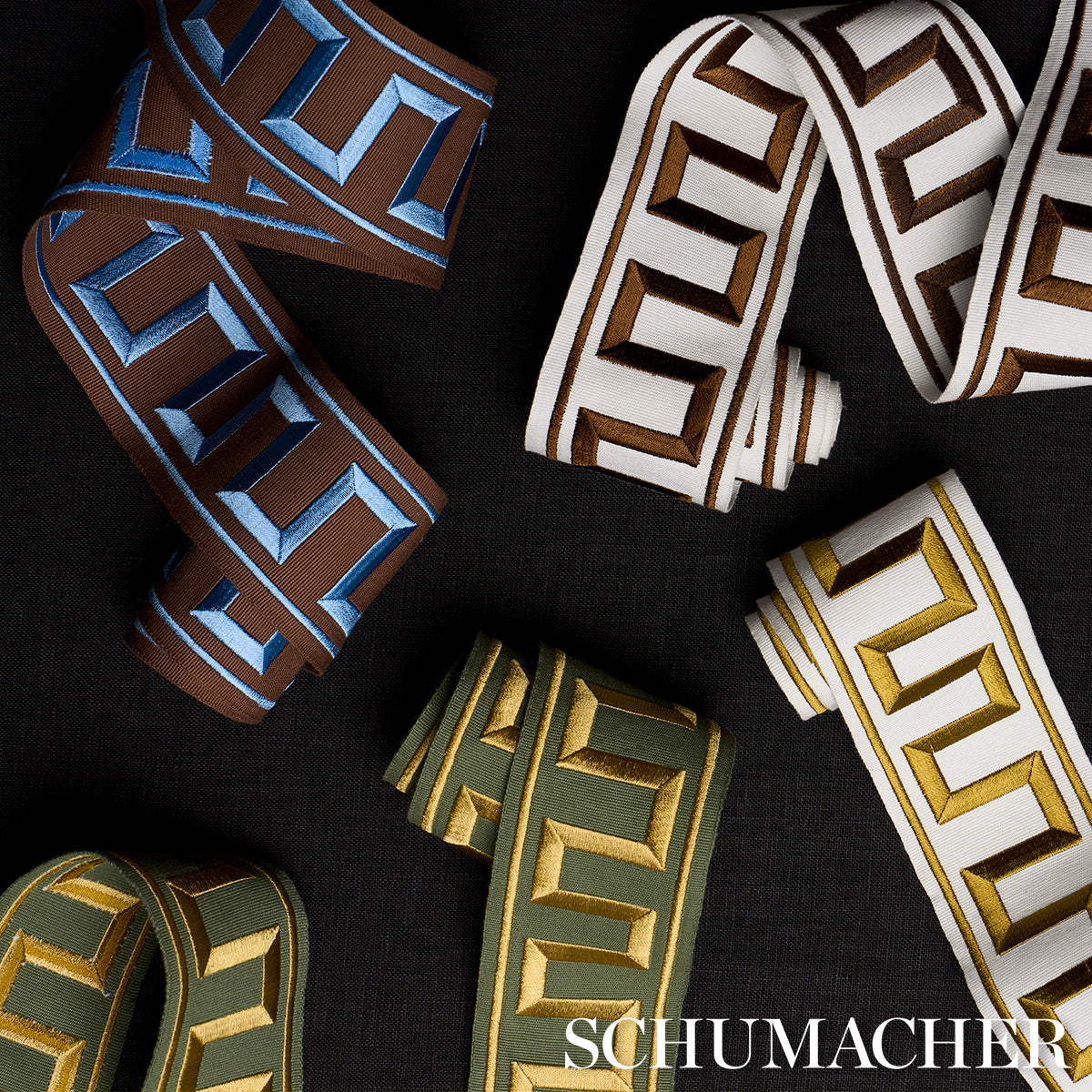 GREEK-KEY-EMBROIDERED-TAPE-BLUE-ON-BROWN-SCHUMACHER-70807 - Schumacher Trim