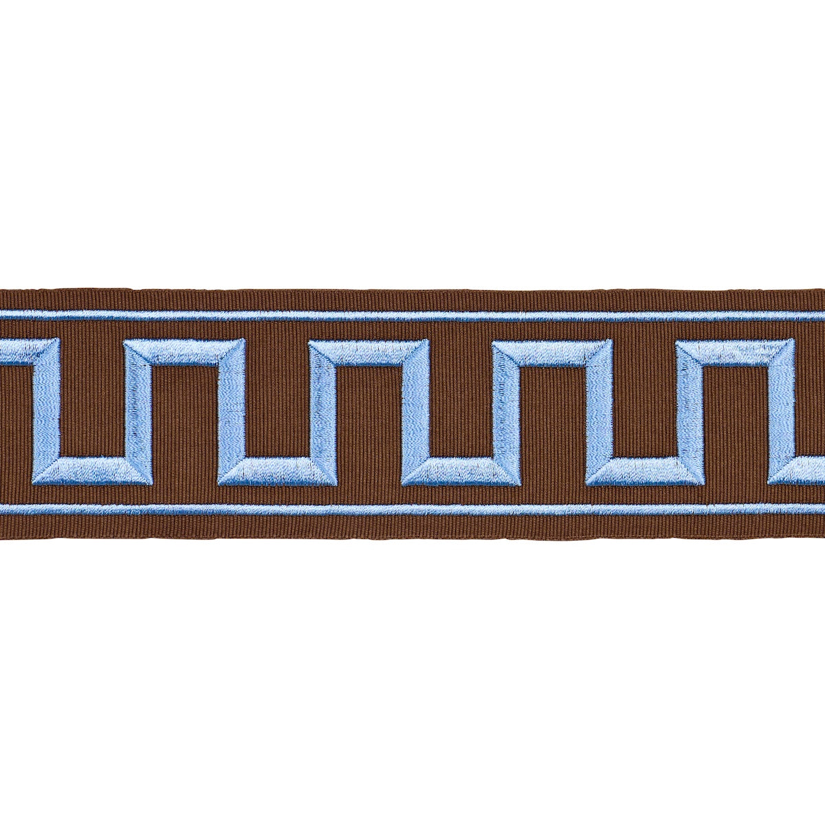 GREEK-KEY-EMBROIDERED-TAPE-BLUE-ON-BROWN-SCHUMACHER-70807 - Schumacher Trim