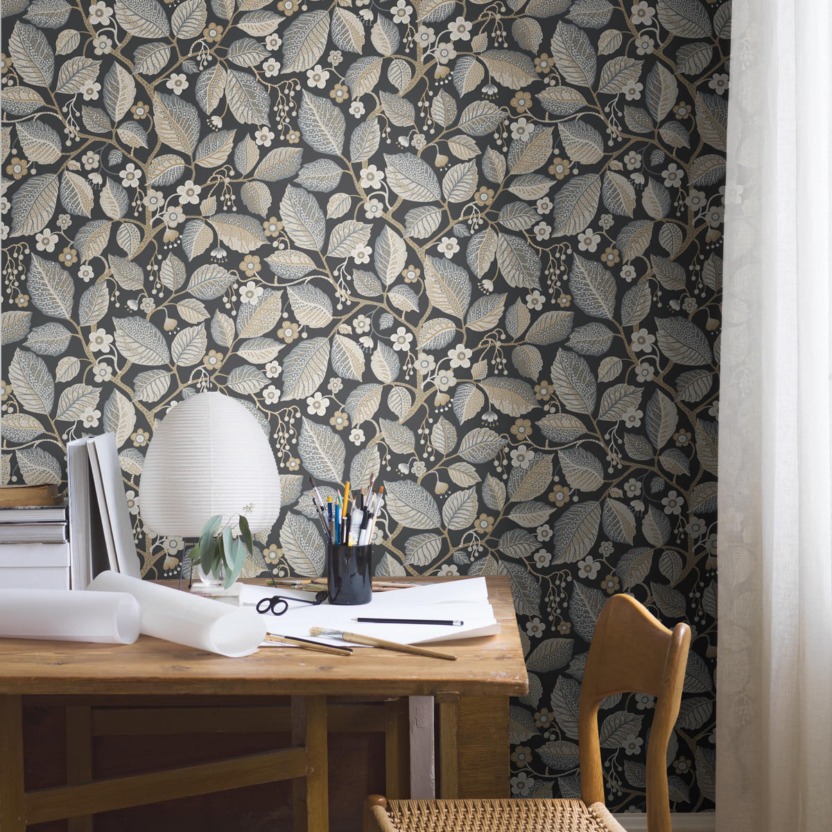 Elm Tree - Charcoal And Neutral - Schumacher 7786 Wallpaper - Schumacher Wallpaper