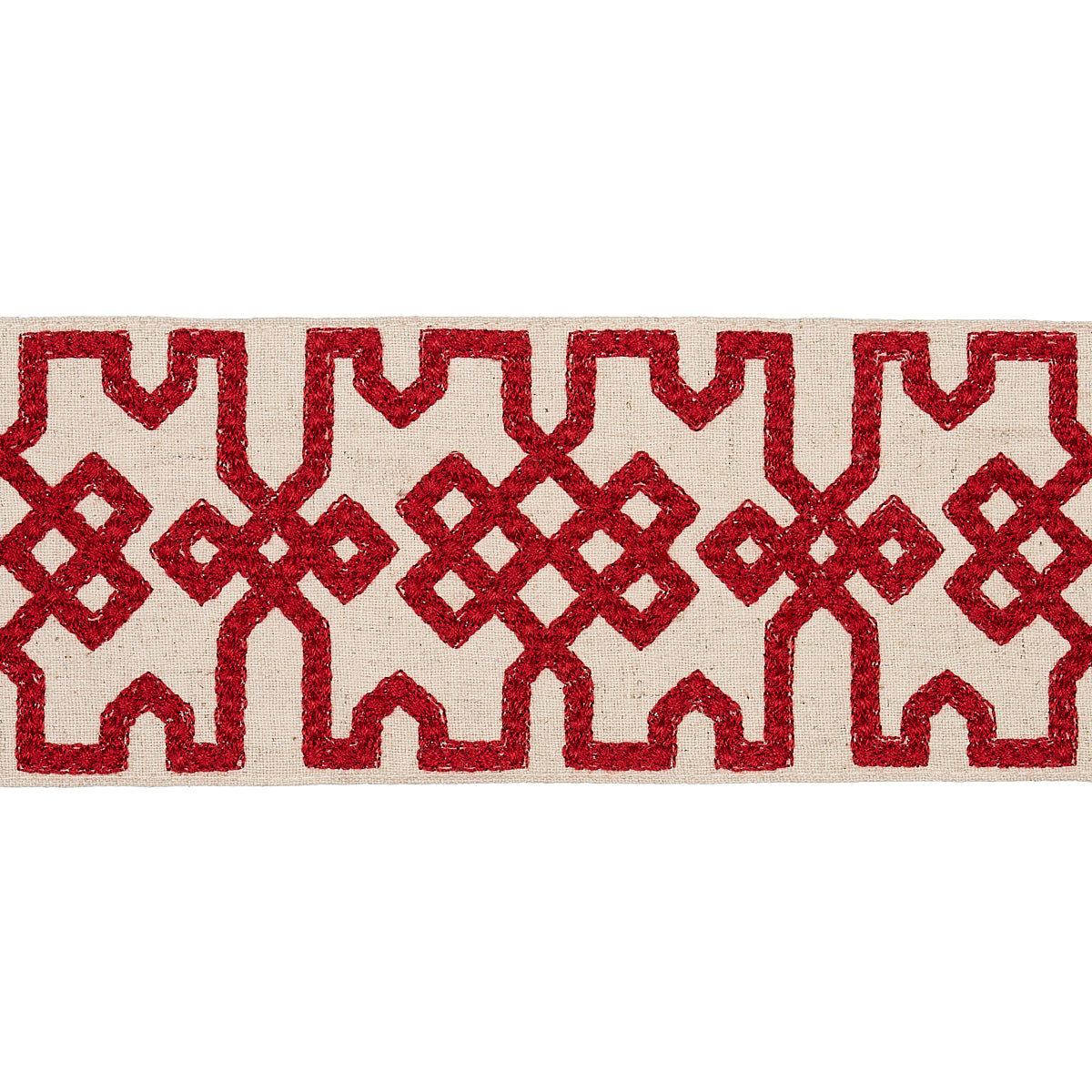 KNOTTED-TRELLIS-TAPE-CRIMSON-ON-UNBLEACHED-SCHUMACHER-80881 - Schumacher Trim
