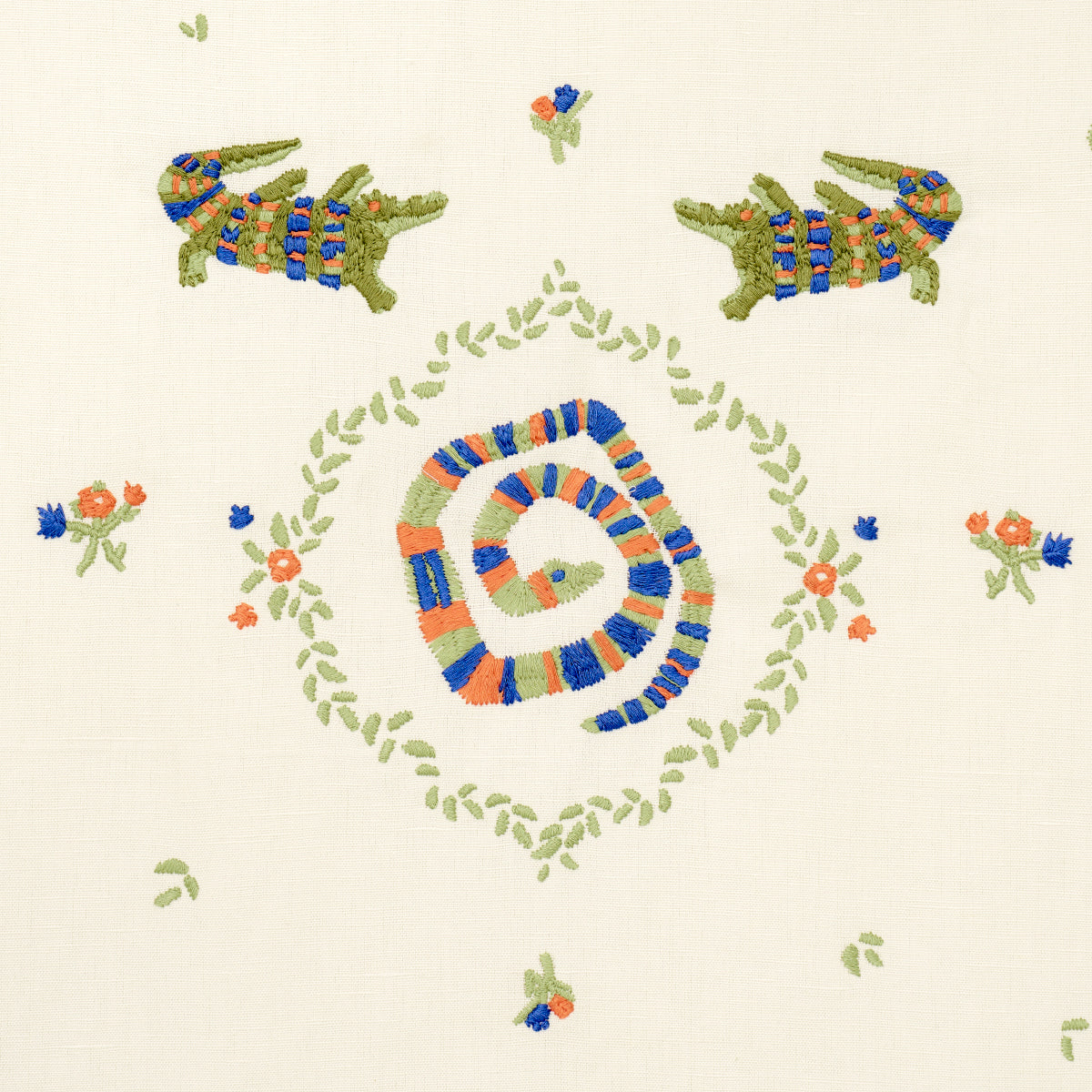 REPTILIA-EMBROIDERY-BRIGHT-MULTI-ON-IVORY-SCHUMACHER-84540 - Schumacher Fabric