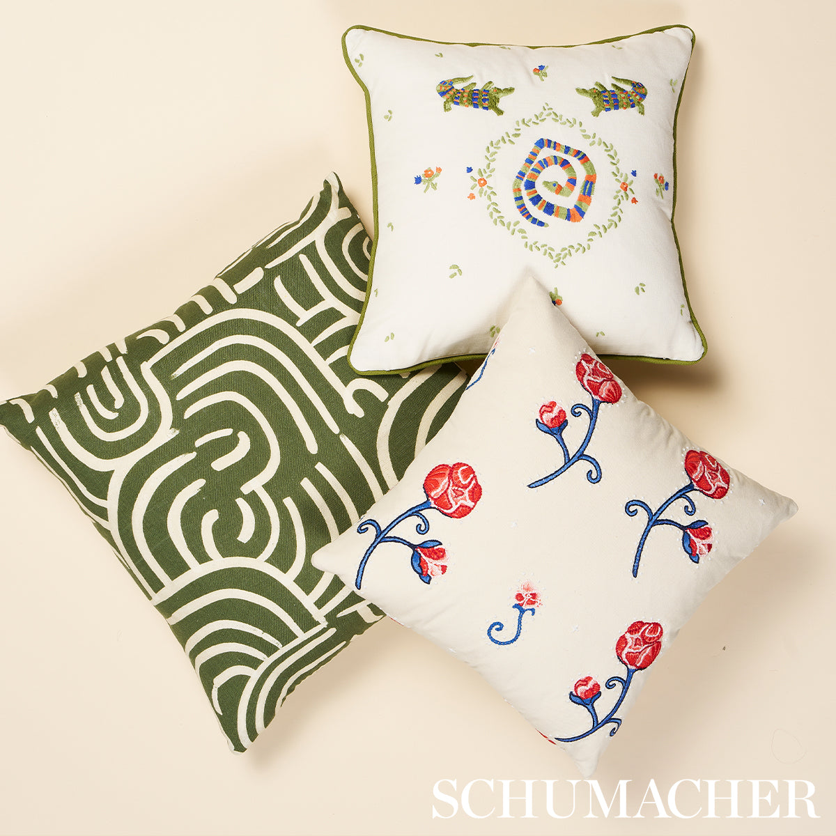 REPTILIA-EMBROIDERY-BRIGHT-MULTI-ON-IVORY-SCHUMACHER-84540 - Schumacher Fabric