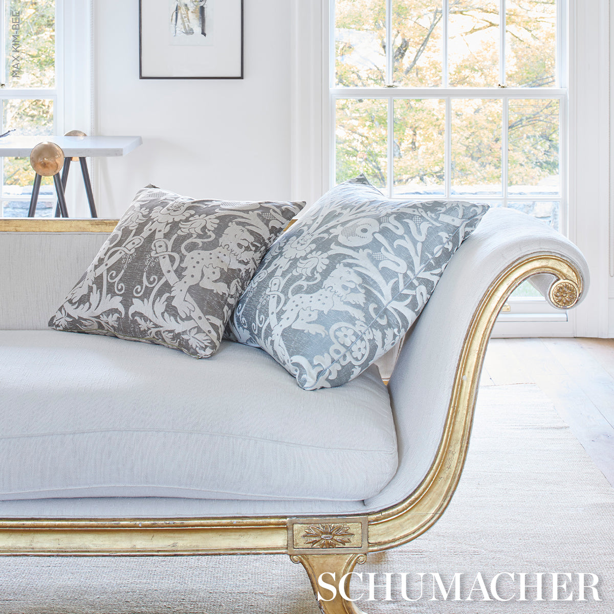 Schumacher Dougal Damask Pillow pillow in Smoke, 22" x 22" view 3 - Schumacher Pillow