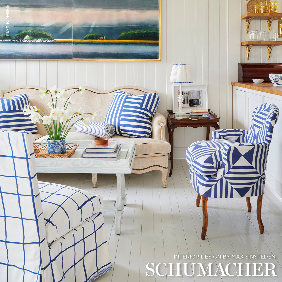 Square In A Square - Navy - Schumacher 87590 Fabric - Schumacher Fabric