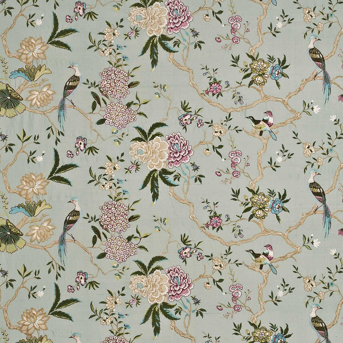 Oriental Bird Embroidery Silk - Aqua/Multi - G P & J BAKER Fabric