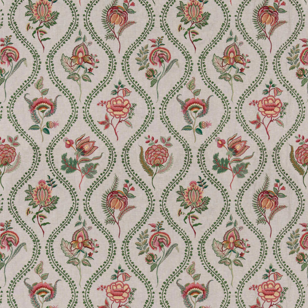Burford Embroidery - Emerald/Red - G P & J BAKER Fabric