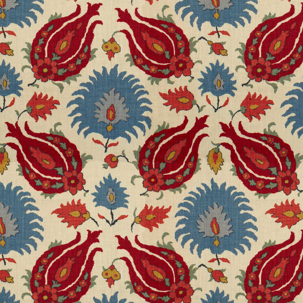 Kashmiri Linen Print - Pomegranate/Blue - BRUNSCHWIG & FILS Fabric