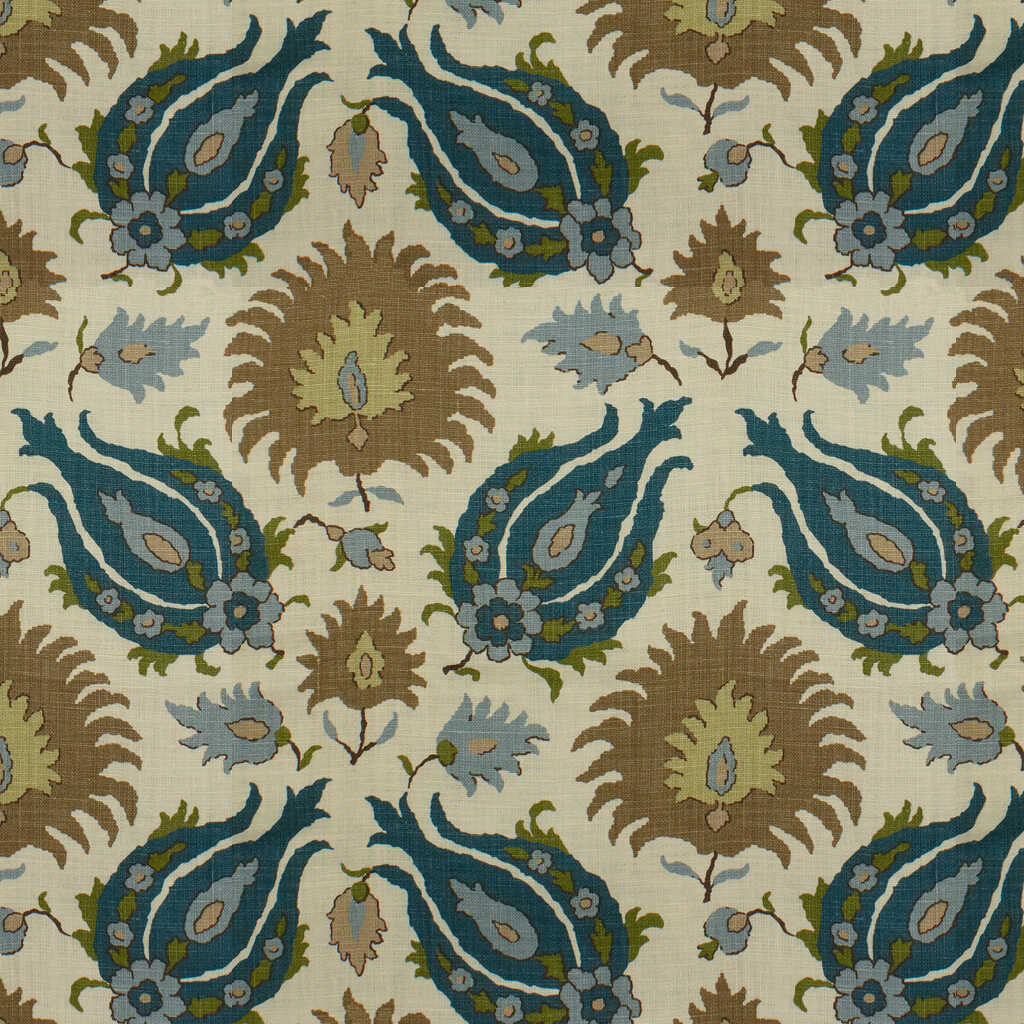 Kashmiri Linen Print - Teal Blue/Taupe - BRUNSCHWIG & FILS Fabric