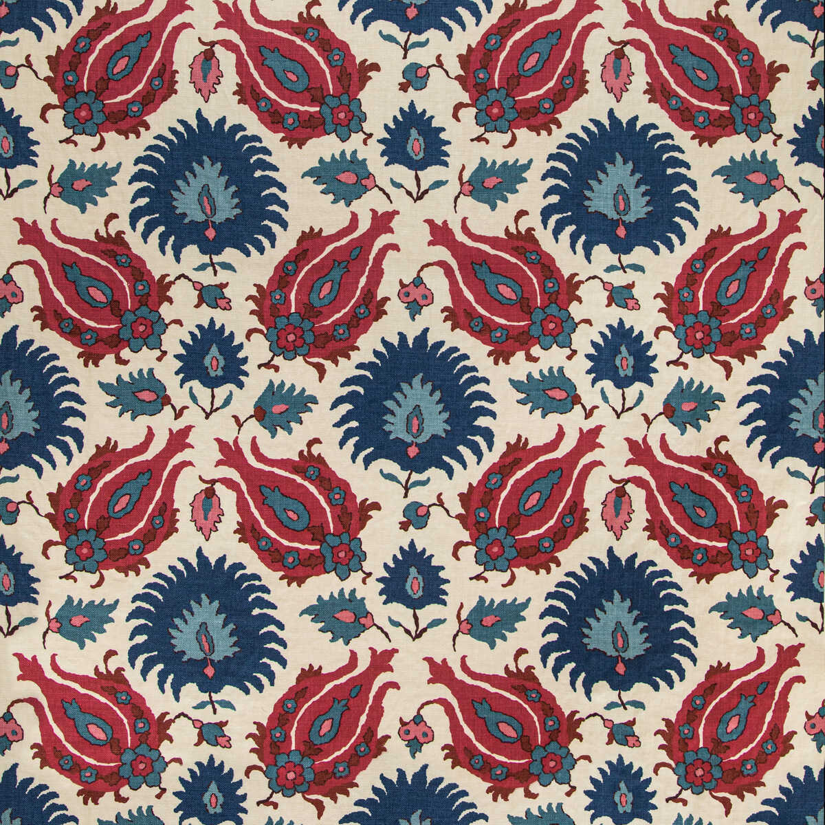 Kashmiri Linen Print - Navy/Berry - BRUNSCHWIG & FILS Fabric