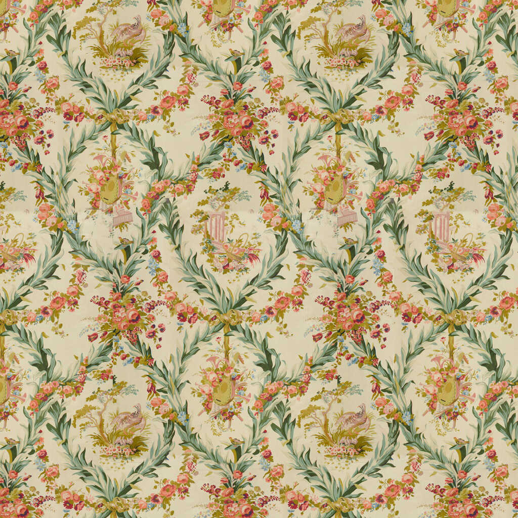 Fontainebleau Glazed Chintz - Red Green And Gold On Cream - BRUNSCHWIG & FILS Fabric