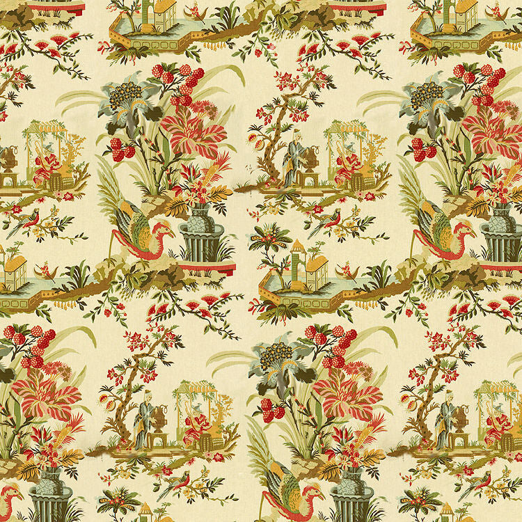 Le Lac Linen Print - Teal And Melon On Cream - Brunschwig & Fils Fabric