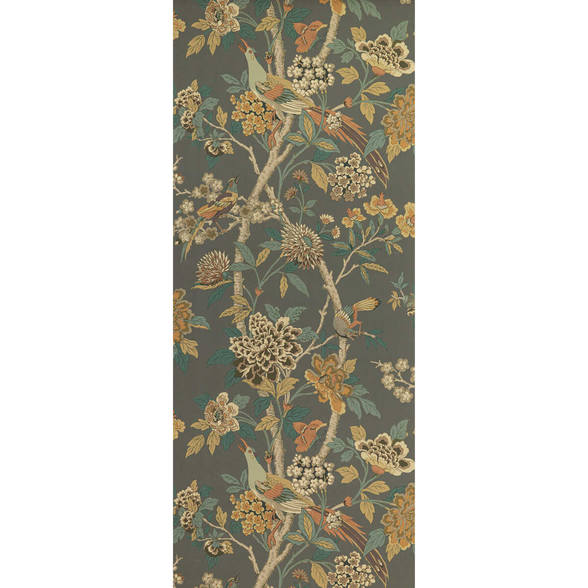 Hydrangea Bird - Charcoal/Sienna - G P & J BAKER Wallpaper