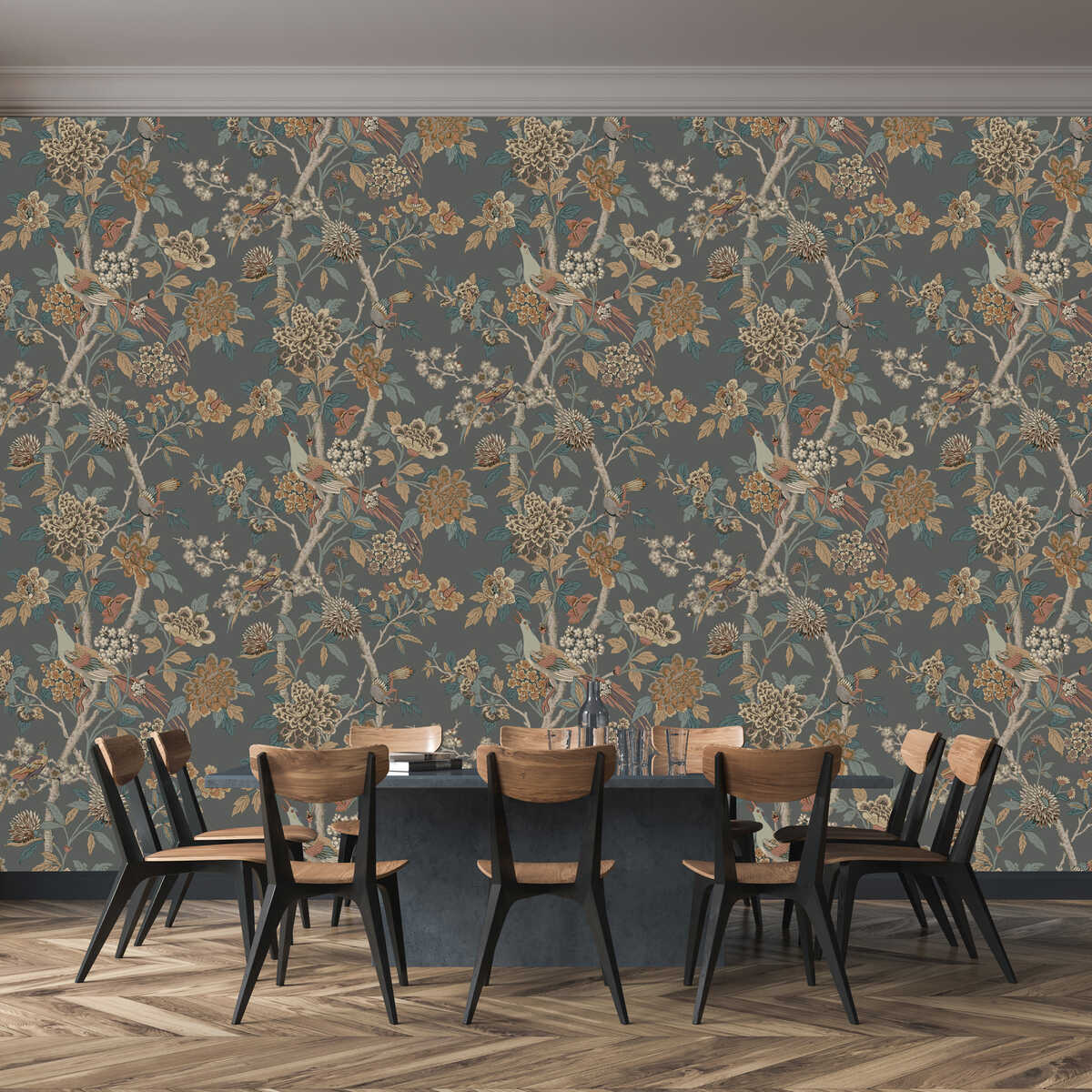 Hydrangea Bird - Charcoal/Sienna - G P & J BAKER Wallpaper