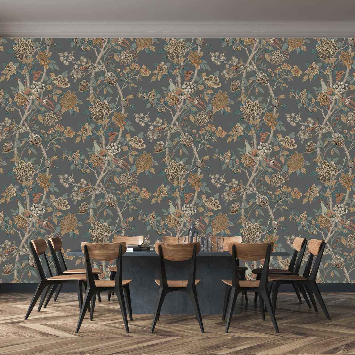 Bw4509120 Hydrangea Bird Charcoal Sienna G P J Baker Wallpaper - G P & J BAKER Wallpaper
