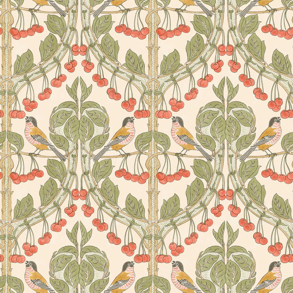 Birds & Cherries - Red/Green - G P & J BAKER Wallpaper