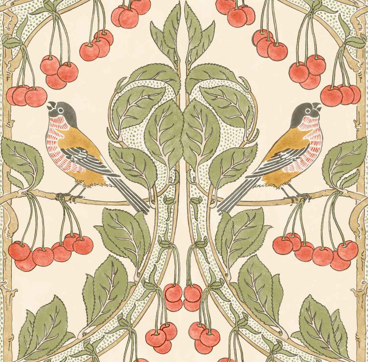 Bw4510010 Birds Cherries Red Green G P J Baker Wallpaper - G P & J BAKER Wallpaper