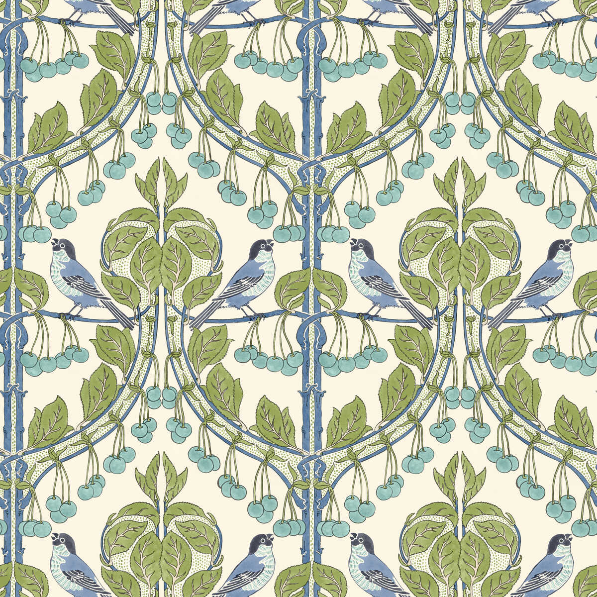 Birds & Cherries - Green/Blue - G P & J BAKER Wallpaper