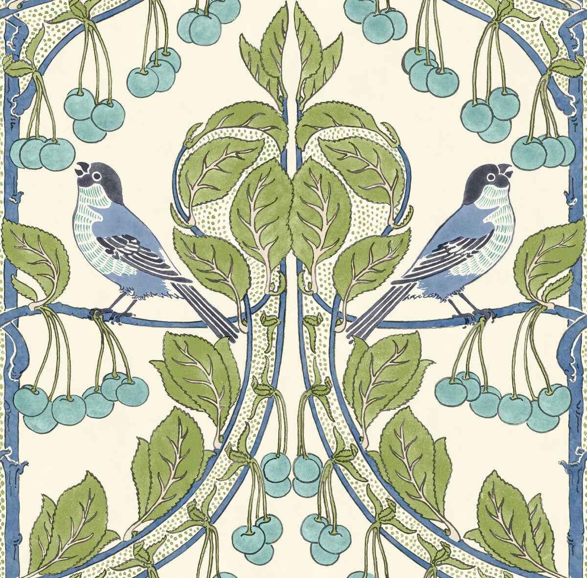 Bw4510020 Birds Cherries Green Blue G P J Baker Wallpaper - G P & J BAKER Wallpaper