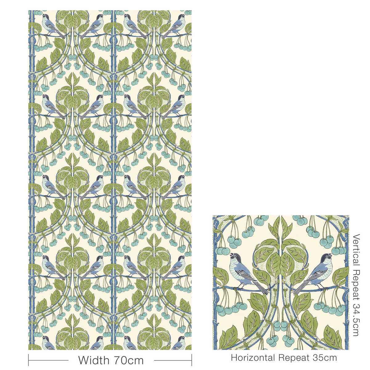Bw4510020 Birds Cherries Green Blue G P J Baker Wallpaper - G P & J BAKER Wallpaper