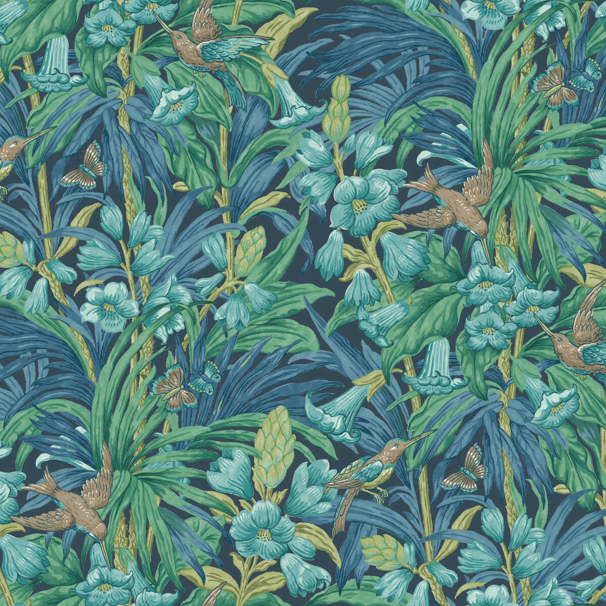 Trumpet Flowers - Indigo/Teal - G P & J BAKER Wallpaper