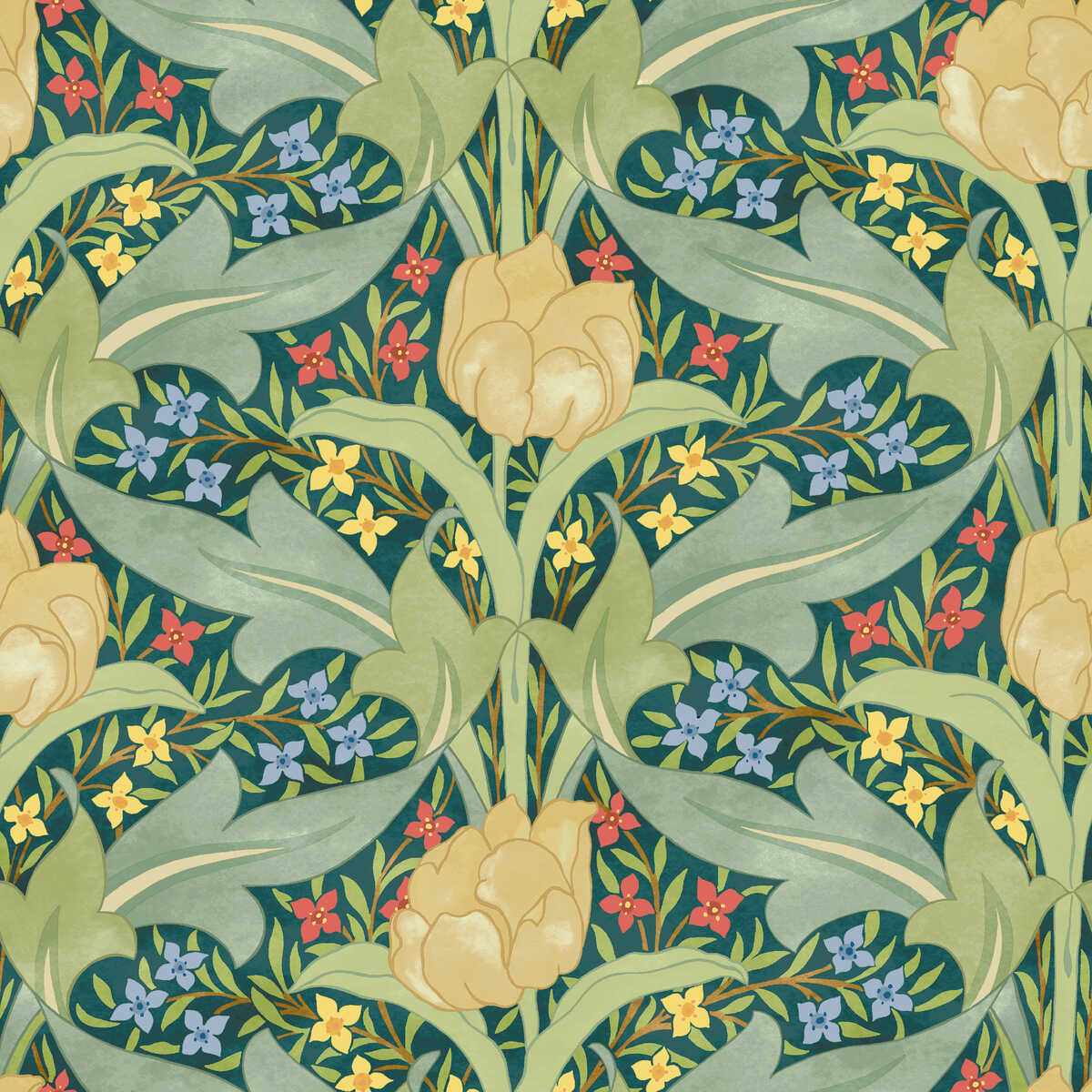 Tulip & Jasmine - Emerald - G P & J BAKER Wallpaper