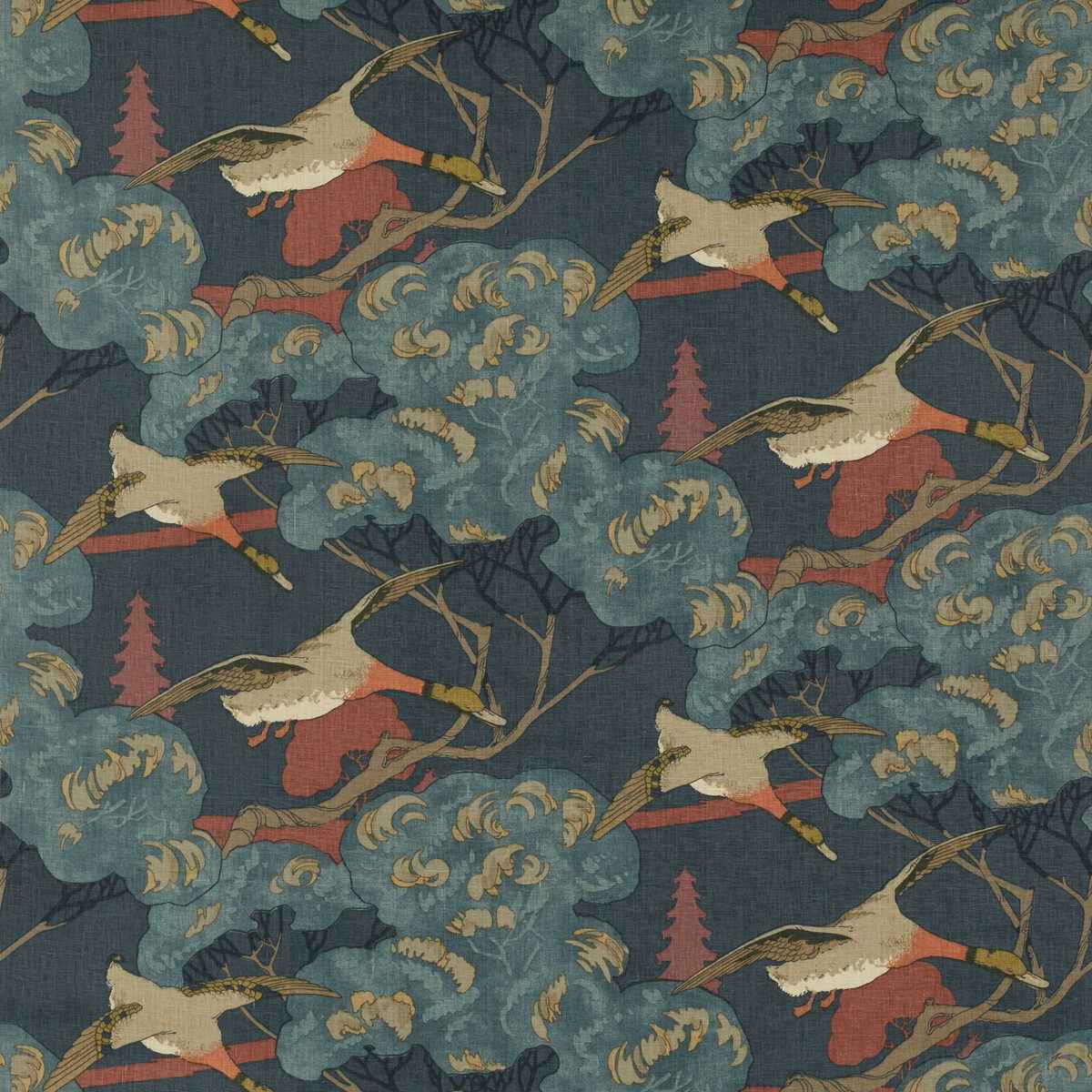 Fd205v1100 Flying Ducks Red Blue Mulberry Fabric - MULBERRY Fabric