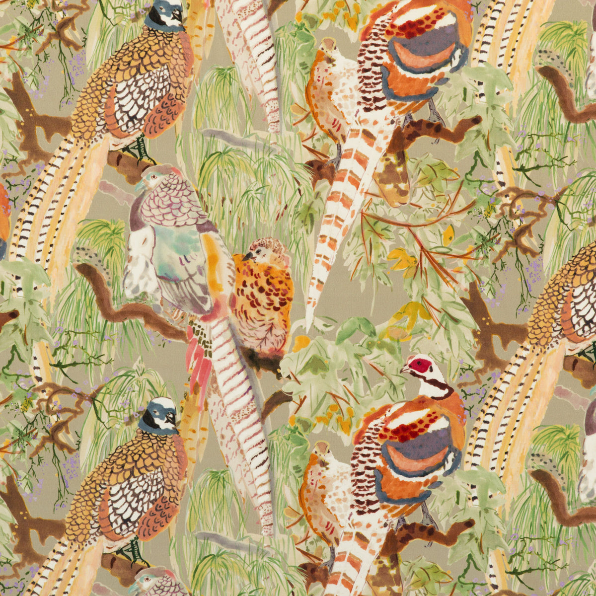 Game Birds Velvet - Stone/Multi - FD268.K102.0 - Mulberry Fabric